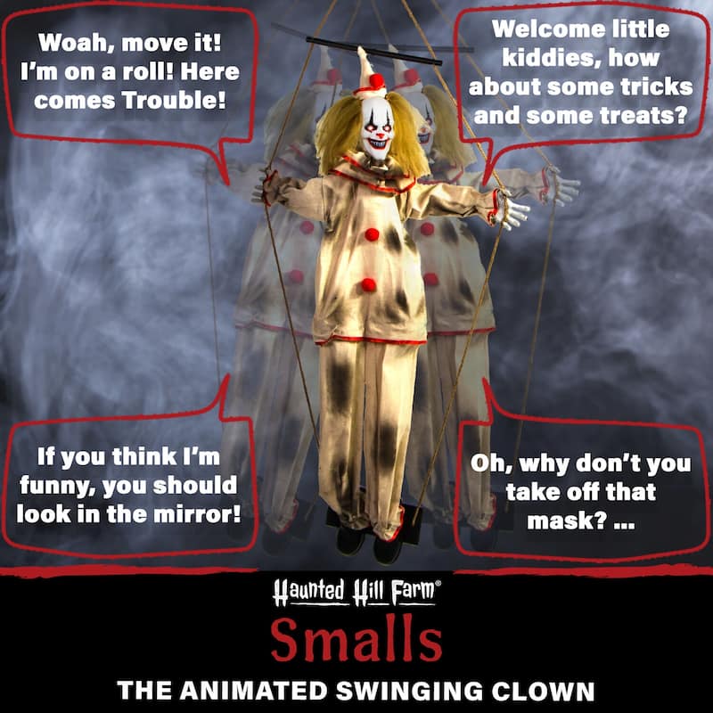 Haunted Hill Farm 55-In. Smalls the Animated Swinging Clown, Indoor or Covered Outdoor Halloween Decoration