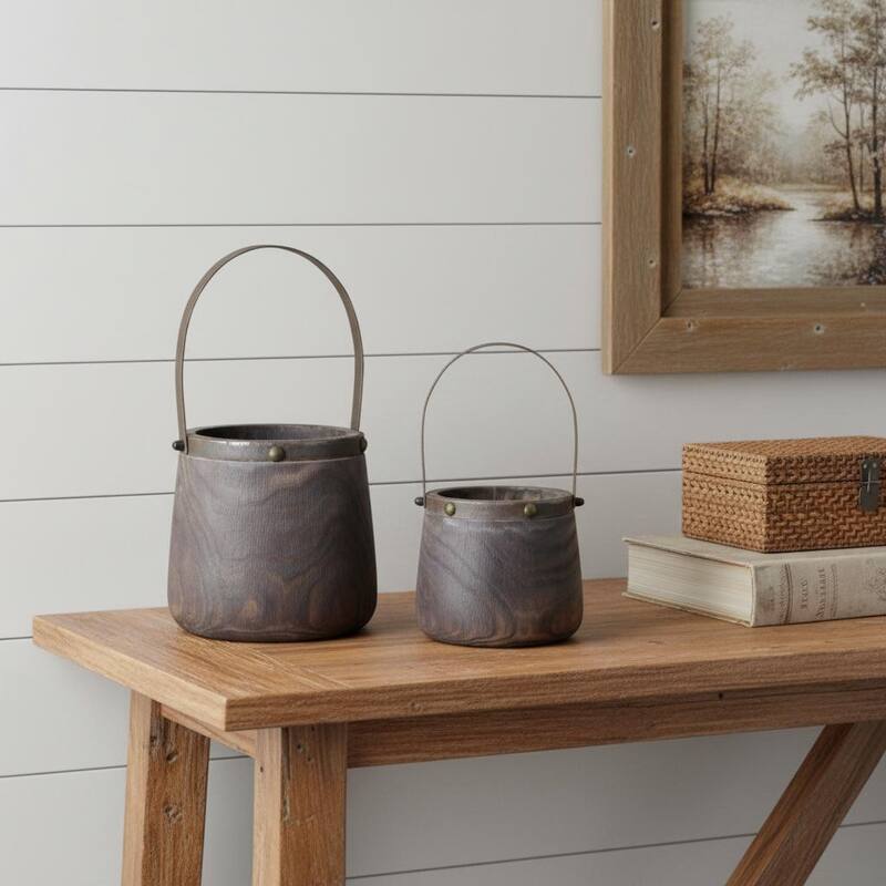 HomeRoots Set of Two Brown Wood And Steel Bucket Pot Planters - 9.00 in. x 14.00 in. x 9.00 in. - Brown - 9.00 in. x 14.00 in.  x 9.00 in.