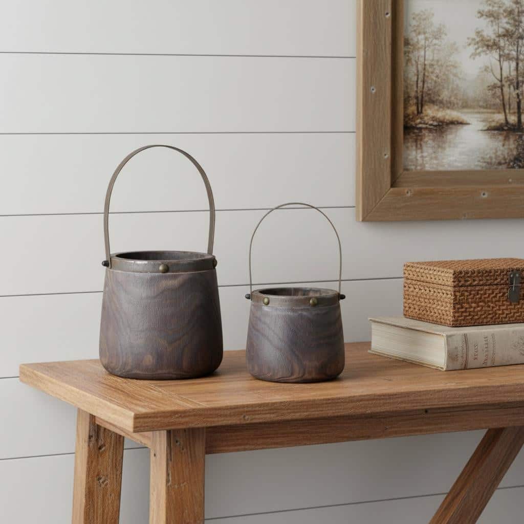 HomeRoots Set of Two Brown Wood And Steel Bucket Pot Planters - 9.00 in. x 14.00 in. x 9.00 in.