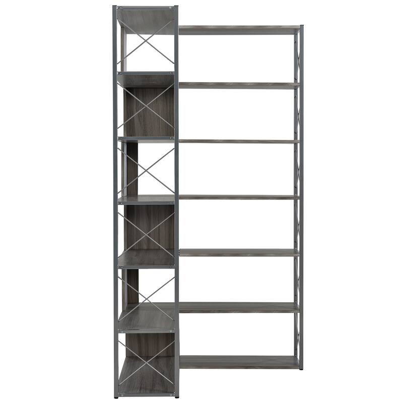 7-Tier L-Shaped Corner Bookshelf with Metal Frame and Open Storage