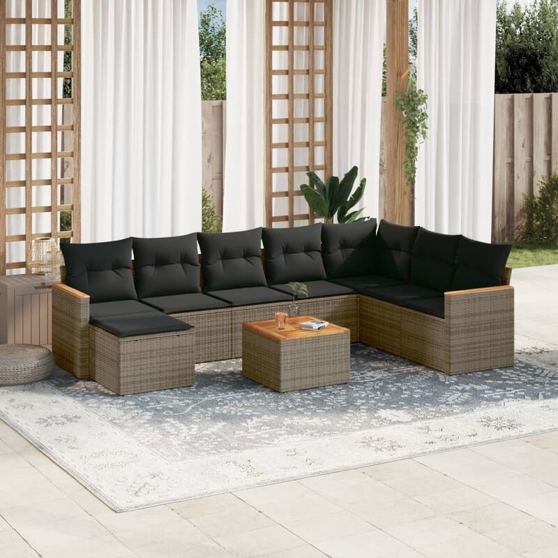 vidaXL Patio Sofa Set with Cushions Outdoor Conversation Furniture Poly Rattan - 24.4 x 24.4 x 27.2 in - Gray with table