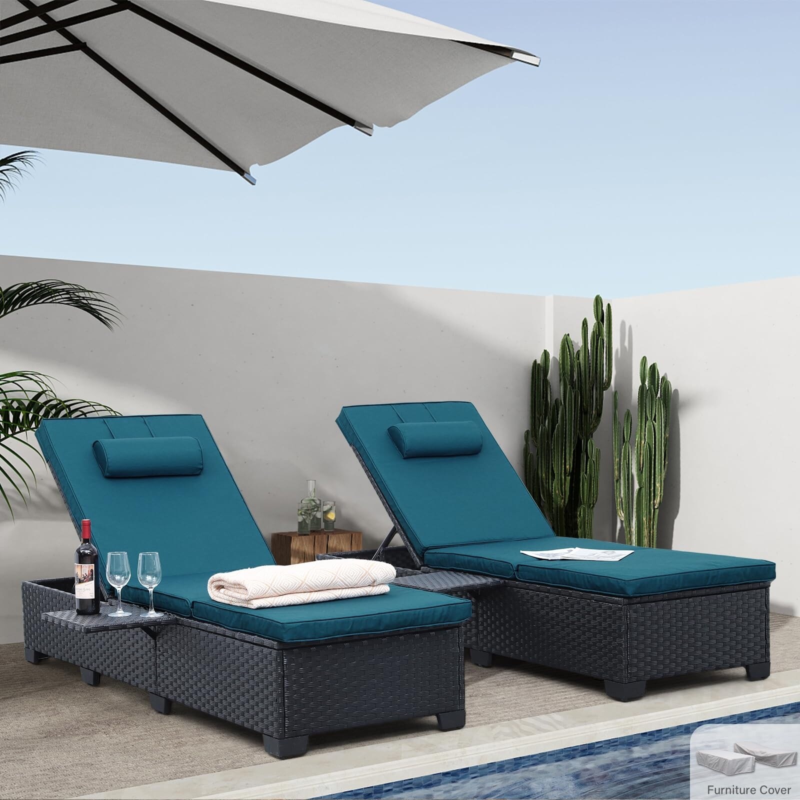 Outdoor Chaise Lounge Chairs, Set of Wicker Recliner Rattan
