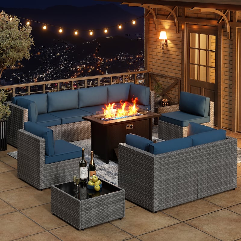 11 Piece Sectional Seating Group with Fire Pit and Cushion