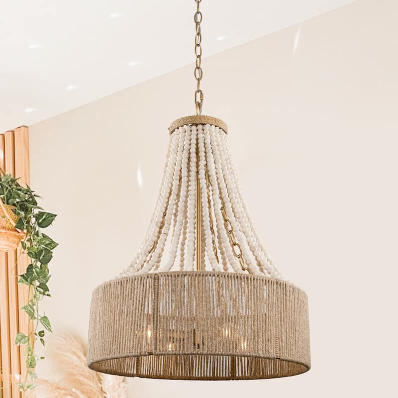 4-Light Bohemian Woven Hemp Rope Wood Beads Empire Chandelier