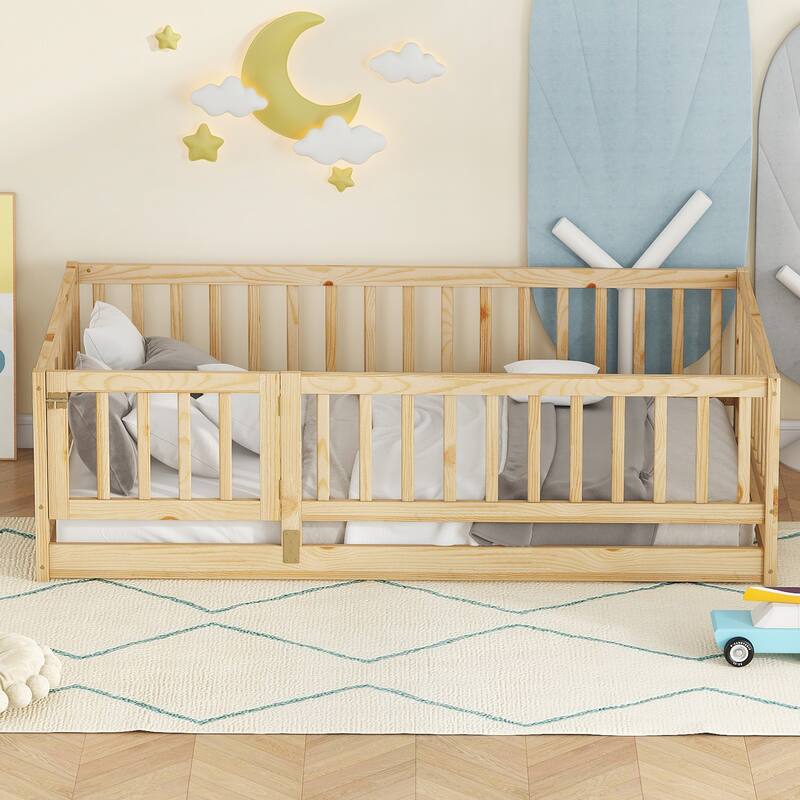 Twin Size Montessori Floor Bed with Fence, Door, and Slats for Kids, Natural Oak Finish