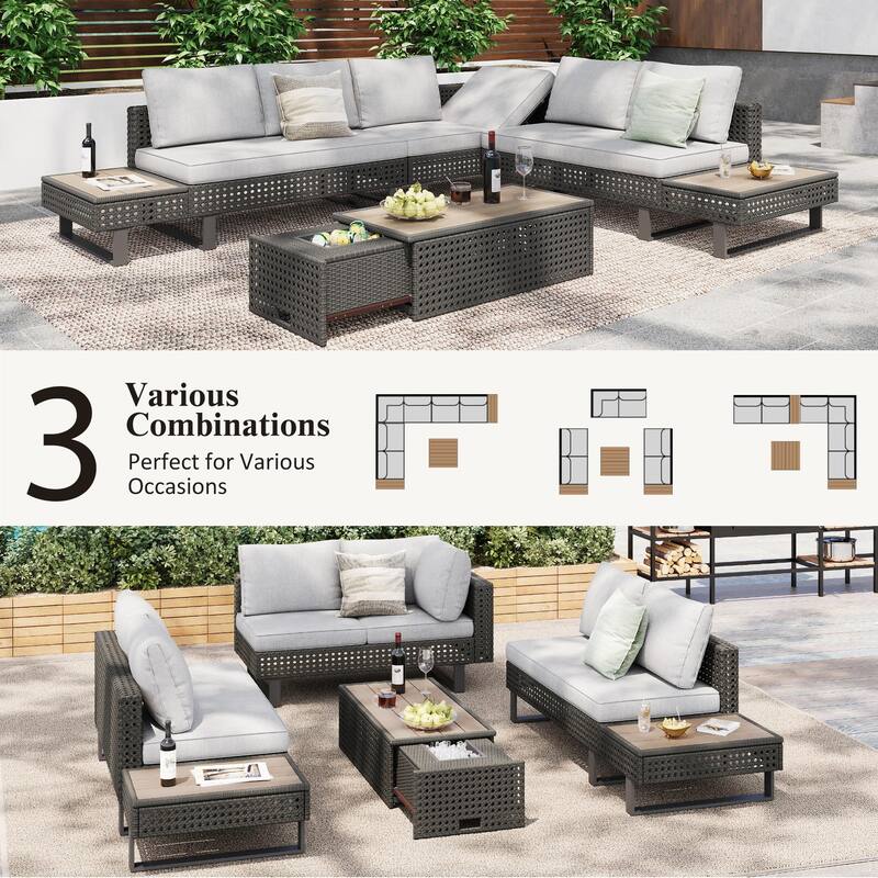 6-Piece Outdoor Sectional Sofa Set with Adjustable Recliner, Ice Bucket Coffee Table & Side Tables