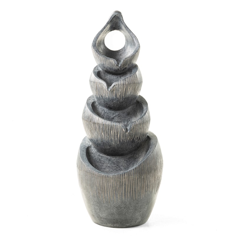Glitzhome 34"H 4-Tiered Pre-lit Zen-Style Alms Bowl Polyresin Indoor Outdoor Floor Fountain