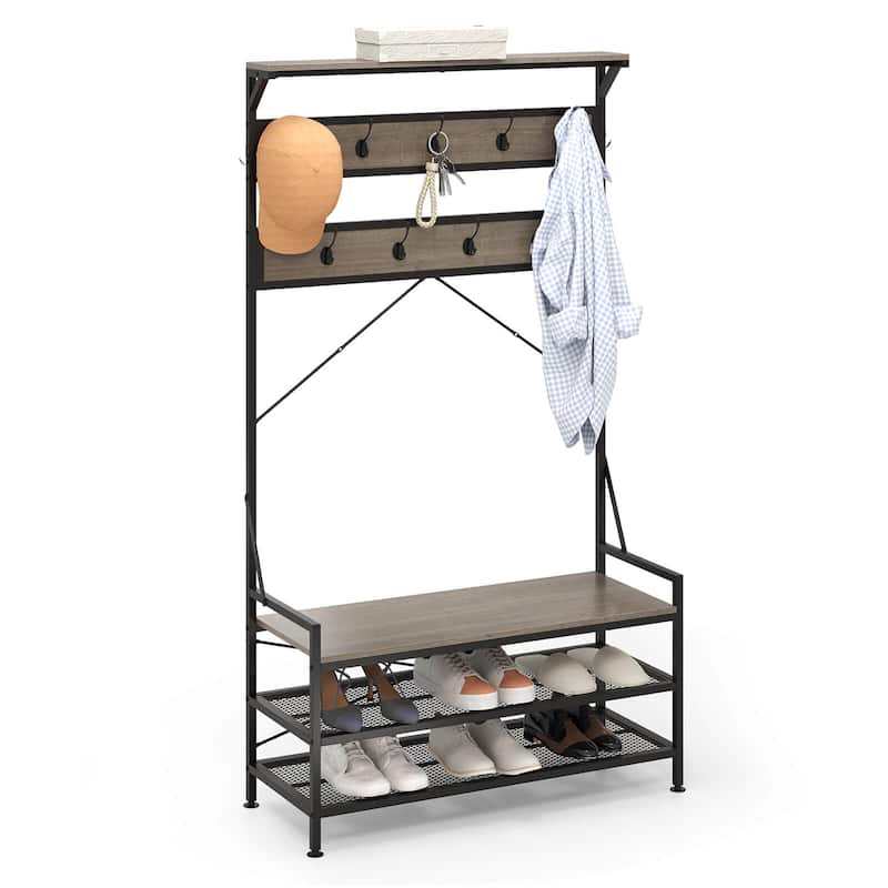 Costway Coat Rack 4-In-1 Hall Tree with 11 Hanging Hooks, Shoe Bench, - See Details
