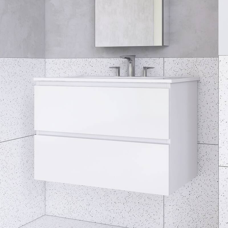 Floating Integrated Bathroom Vanity with Ceramic Sink, Three Faucet Holes