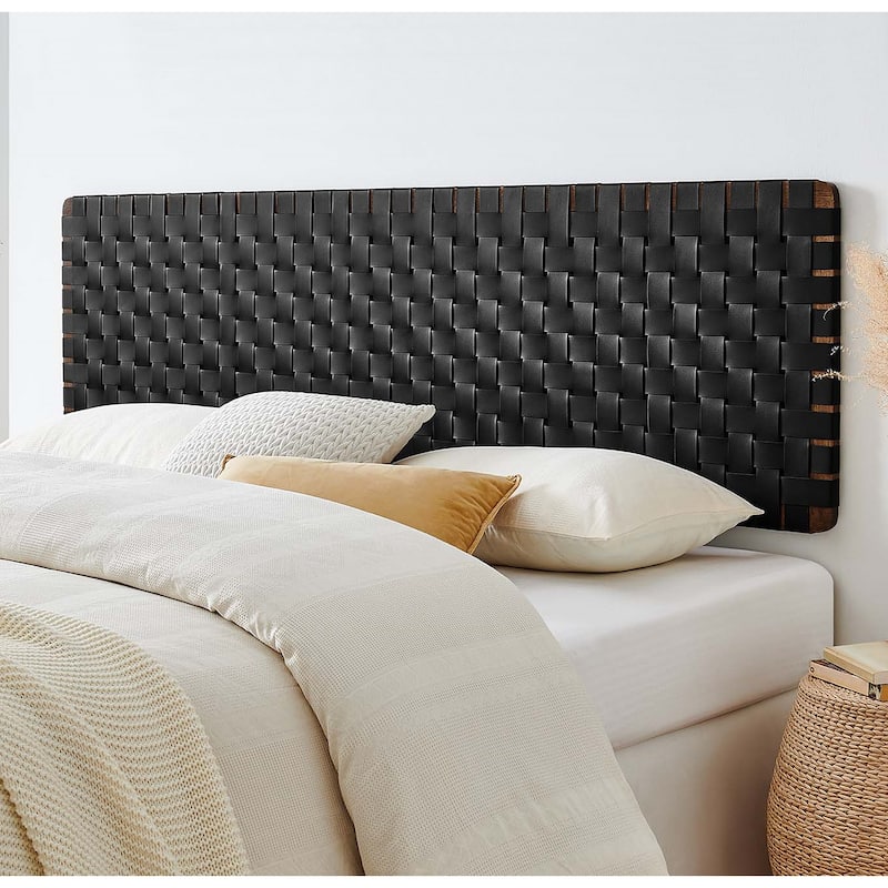 Ditmas Solid Wooden Black Leather Basket Weaved Floating King Size Headboard