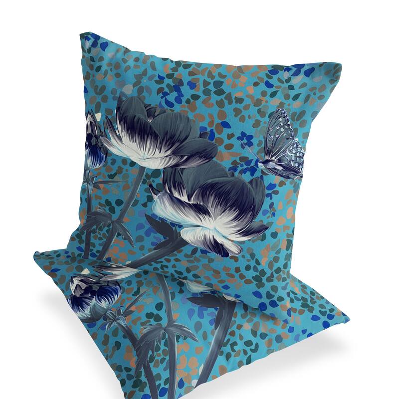 HomeRoots Set of Two 16" X 16" Blue and Green Butterfly Blown Seam Floral Indoor Outdoor Throw Pillow - 16.00' X '16.00' X '5.00