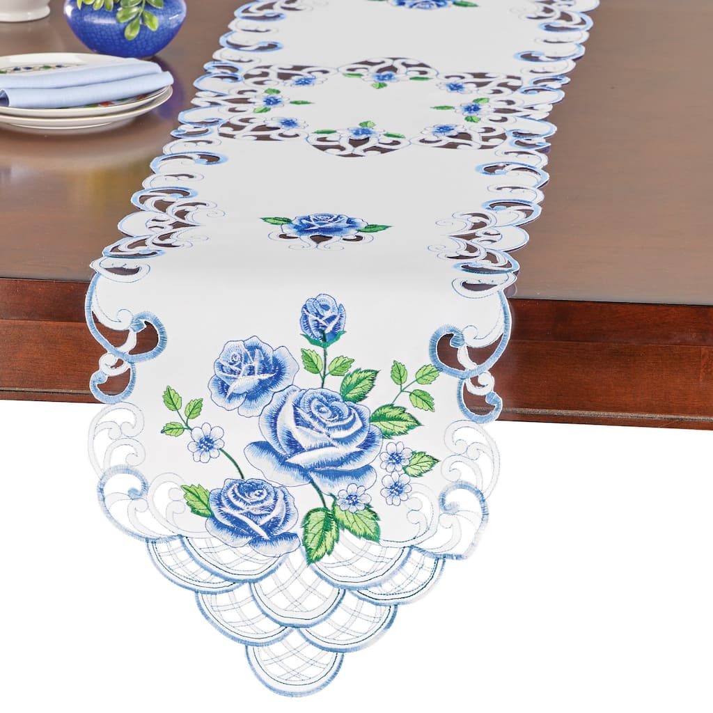 Embroidered Rose Clusters and Greenery Table Linens