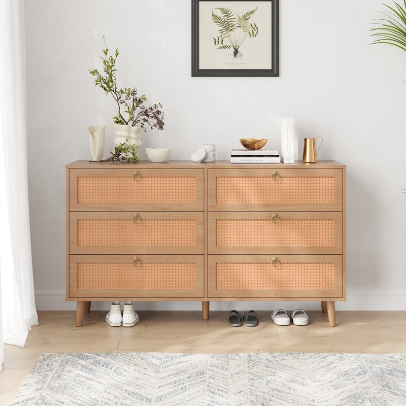 PE Rattan Double Dresser with 6 Drawers, Chest of Drawers Bedroom Storage Organizer