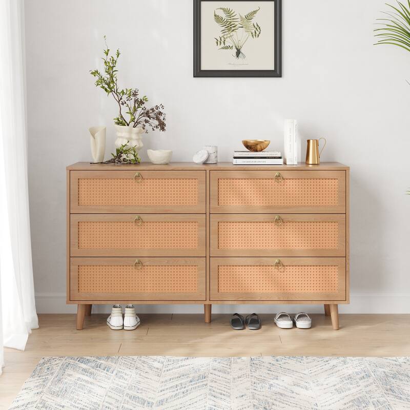 Rattan 6 Drawer Double Dresser for Bedroom, Chest of Dressers, Modern Dresser Drawer Chest