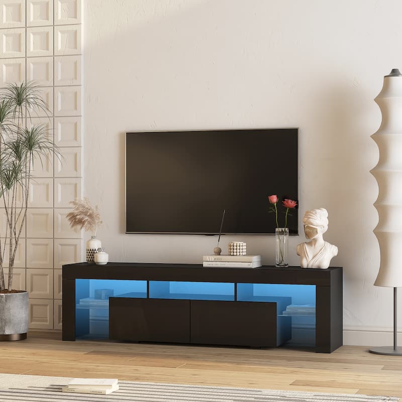 Black 63" TV Stand with LED Light, Open and Hidden Storage Spaces for TVs Up to 65"