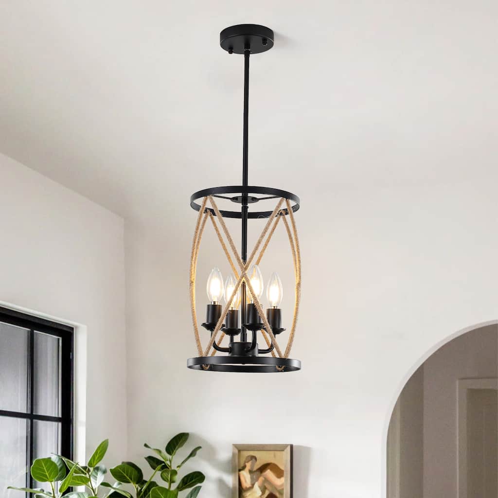 Rustic Rope - Wrapped 4 - Light E12 Pendant Chandelier, Adjustable Height with 3 Rods, Black Metal Frame - Matte Black