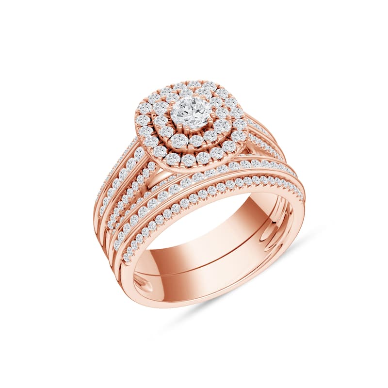 1ct TDW Diamond Double Halo Bridal Set in 10K Rose Gold for Women - Pink