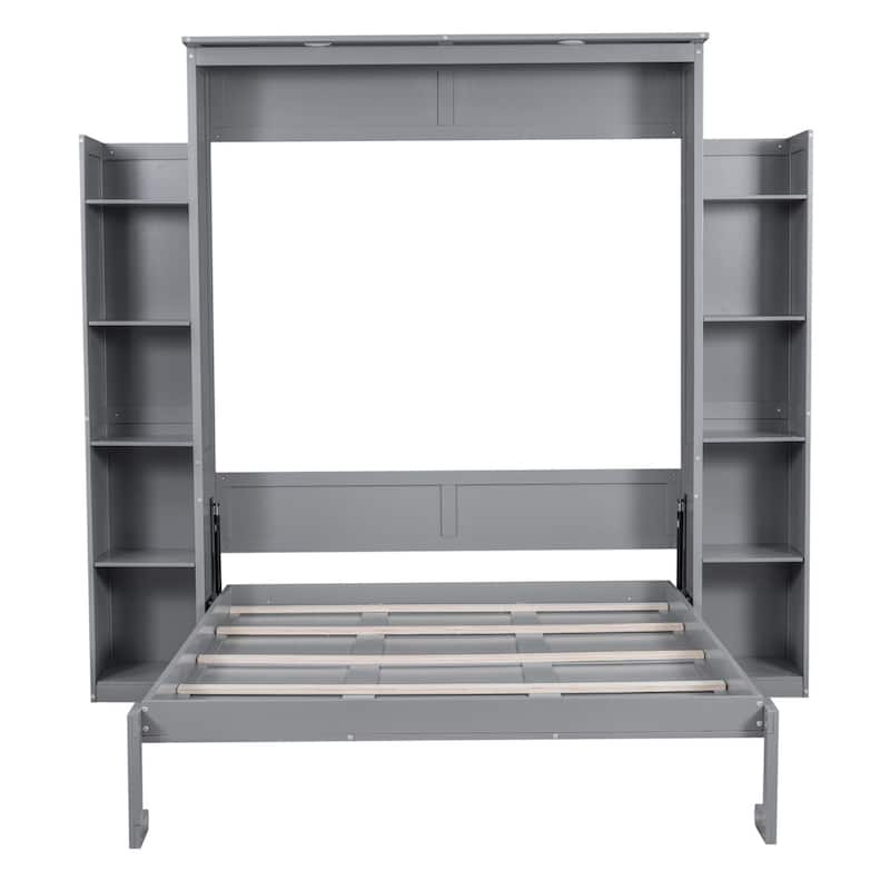 Merax Queen Size Murphy Bed Wall Bed with Shelves and LED Lights