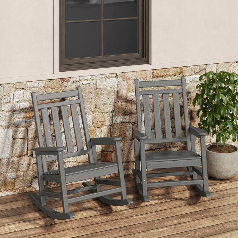 2 PCS HDPE Rocking Chair Outdoor, Porch Rocker Chairs for Patio Front Porch - Grey