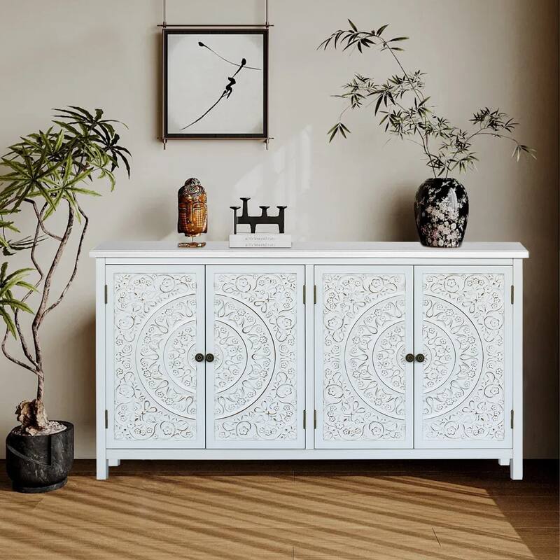 Accent Cabinet with 4 Doors, Rustic Wood Sideboard