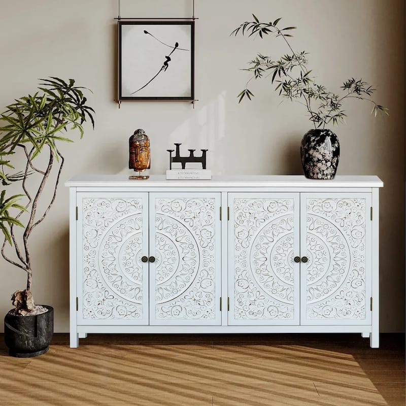 Retro Sideboard Buffet Cabinet with 4 Carved Doors, Accent Credenza Storage, Entryway Console Cabinet - Antique White