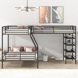 L-Shaped Twin Over Full Bunk Bed with Shelves - Space-Saving Design