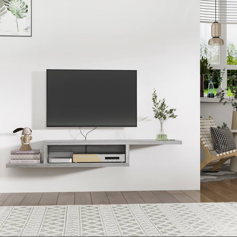 Grey Floating TV Console Wall Mounted Two Tier Asymmetrical Design with Cable Management for Modern Living Room