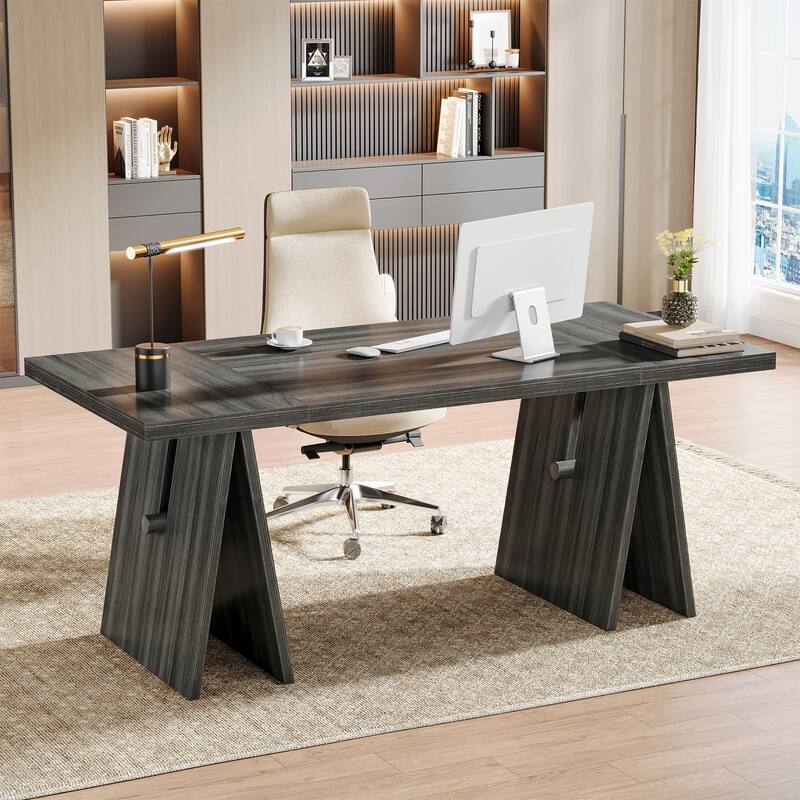 64-Inch Modern Executive Desk, Computer Desk with Sturdy Base - Grey