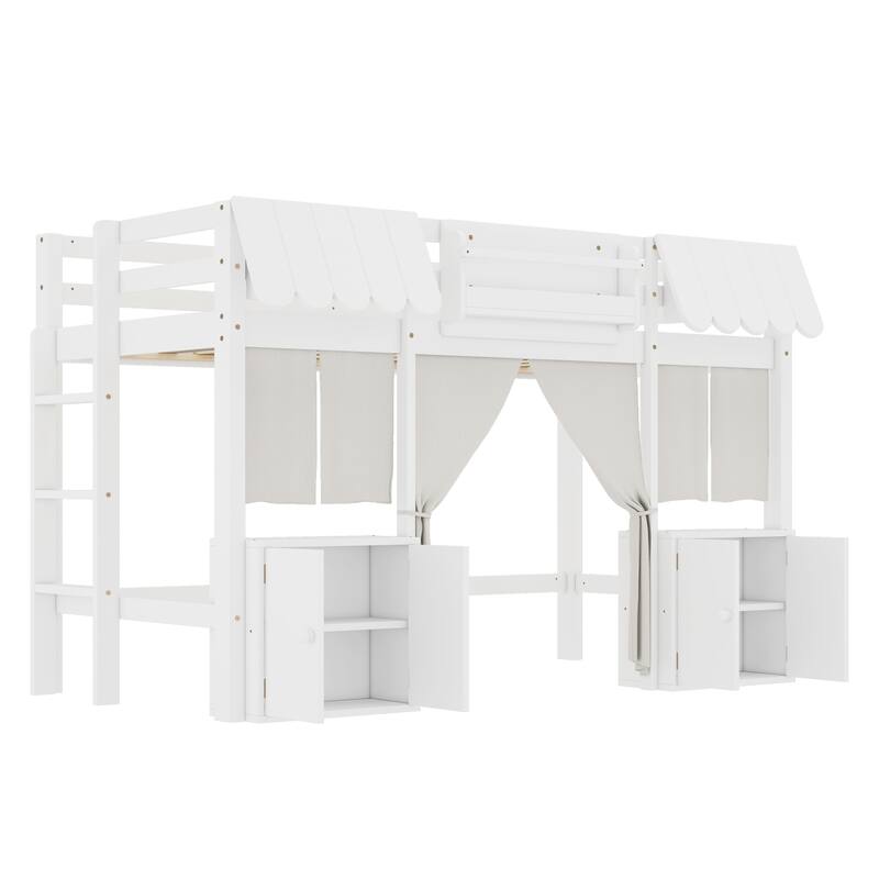 Roomfitters Low Loft Bed with Curtain and Storage, Solid Wood Cottage Frame with Bookshelf