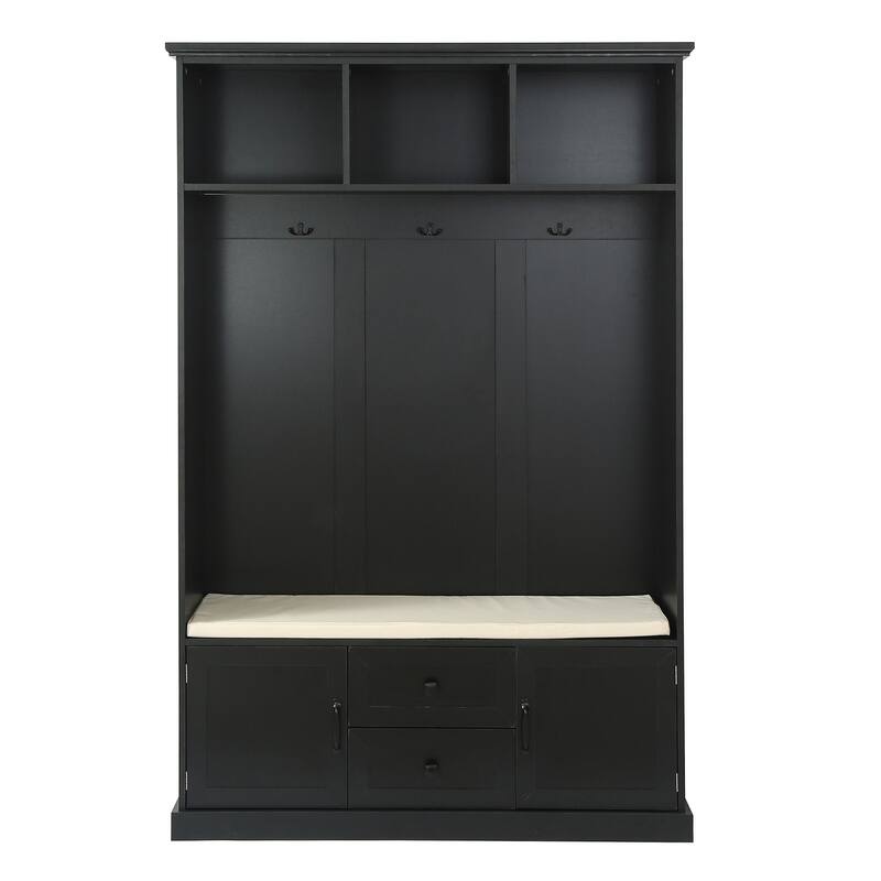 47''Hall Tree with Storage Bench,3 in 1Wood Coat Rack with 2-Door Cabinet and 3 Shelves 3 Hooks,Open Storage Shelves Shoe Bench - Black