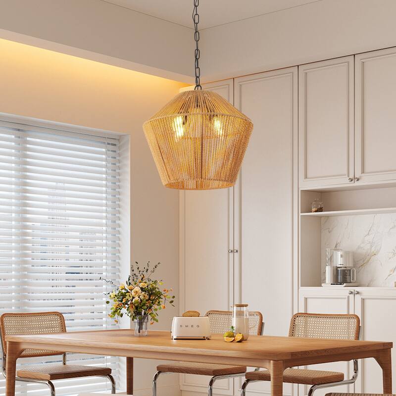 Bohemian Hemp Rope Chandelier, Handmade Farmhouse Chandelier, Height Adjustable, for Dining Room, Living Room and Bedroom