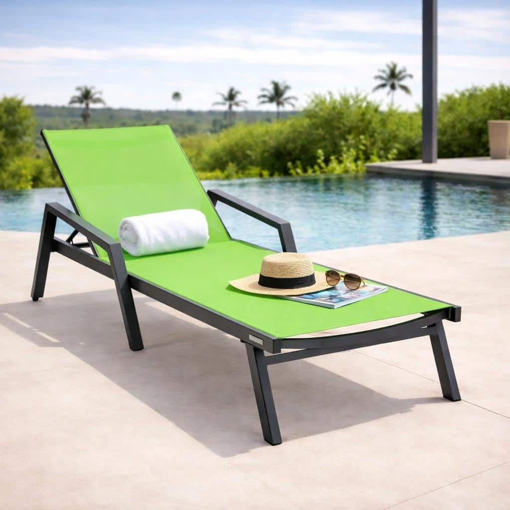 Marlin Outdoor Stackable Mesh Sun Chaise Lounge Chair with Arms and Adjustable Backrest for Pool, Beach, Patio, and Garden