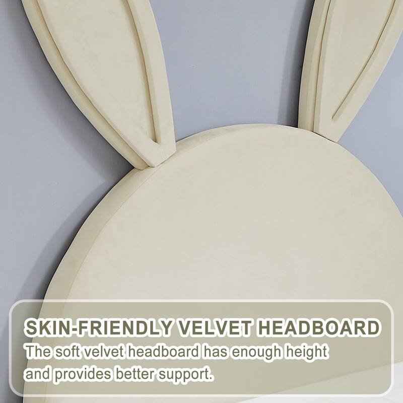 VECELO Wooden Cute Rabbit Twin Bed Frame with Upholstered Headboard, Kids Bed Frame