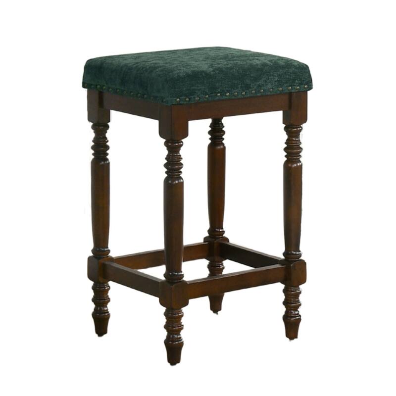 Rustic Wooden Counter Stool With Padded Seat Set Of 2-26 Inch Walnut Barstool With Nailhead Trim,Distressed Finish & Turned Legs