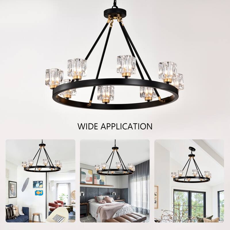 Farmhouse Modern Small Crystal Round Ceiling Light Wagon Wheel Chandelier, for Living Room, Kitchen Island, Dining Room