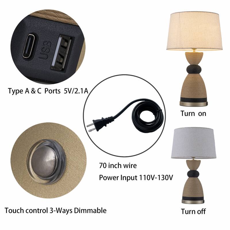 Flora 24" Rattan Table Lamp with USB 3-Way Touch Dimmer