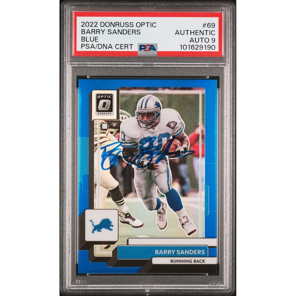 Barry Sanders 2022 Panini Donruss Optic Blue Card #69 Auto Graded PSA 9 97/179 - 8' x 11'