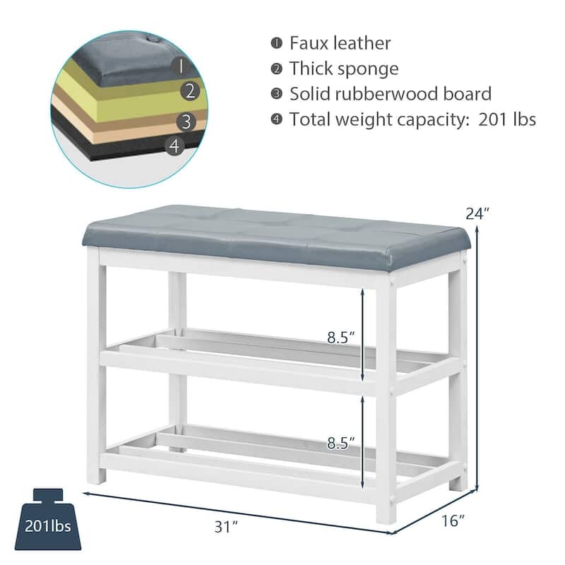 2-Tier Wooden Shoe Rack Bench with Padded Seat - 31"x 16"x 24"(L x W x H)