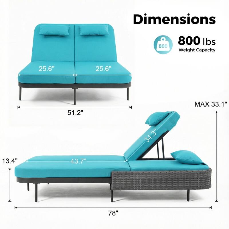 2-Person Outdoor Double Chaise Lounge, Wicker Patio Reclining Daybed with 6-Position Backrests, 4" Cushions, 800 lb Capacity