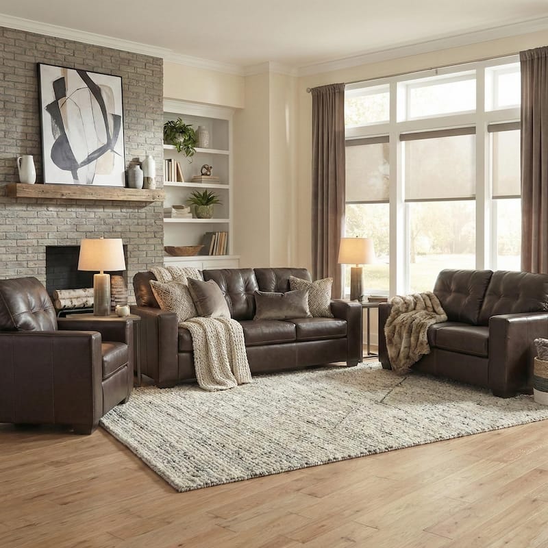 Roundhill Furniture Holmes Leather 3-Piece Living Room Set, Sofa Loveseat and Lounge Chair
