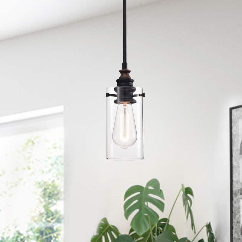 1-light Black Pendant Lamp with Glass Cylinder Shade