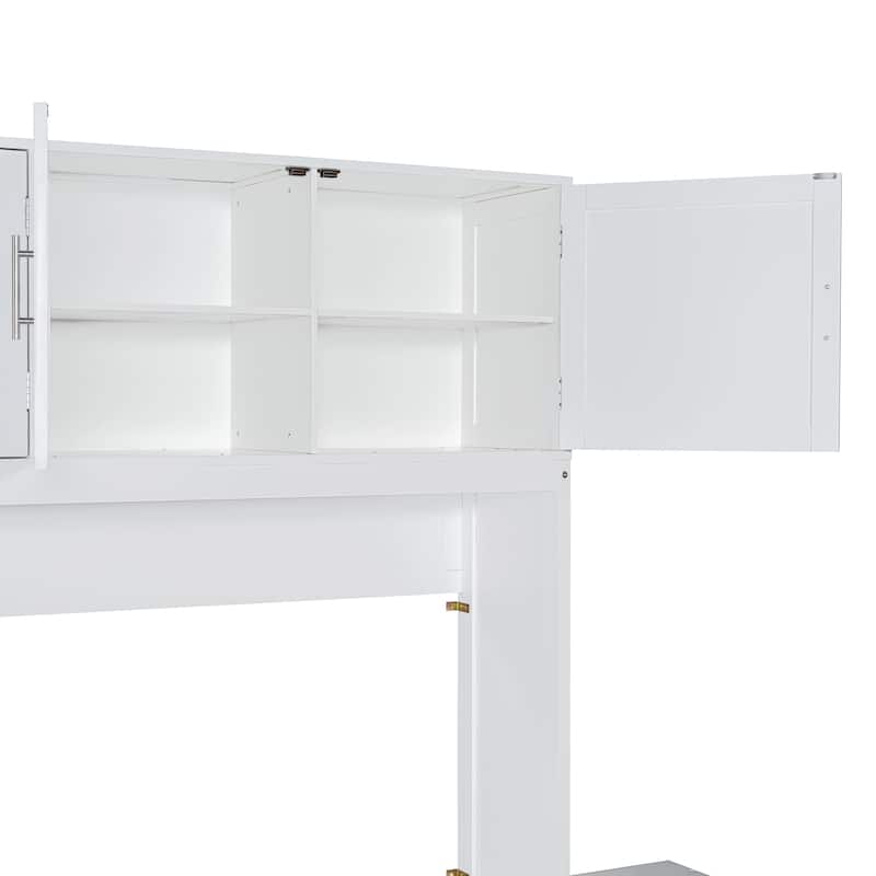 Queen Size Murphy Bed with Storage Shelves and 2 Storage Cabinets, Wooden Foldable Wall Bed Frame with Desk & Hydraulic Lift