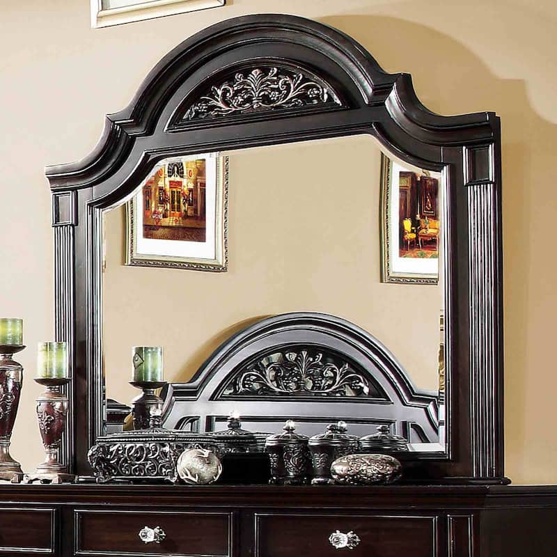 Traditional Dark Walnut Finish 4Pc Bedroom Collection Bed Nightstand Dresser Mirror with Floral Headboard