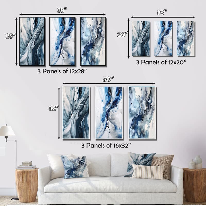 Designart "Blue And Grey Ethereal Elixir III" Abstract Framed Wall Art Set Of 3 Frame Canvas Set For Living Room Decor