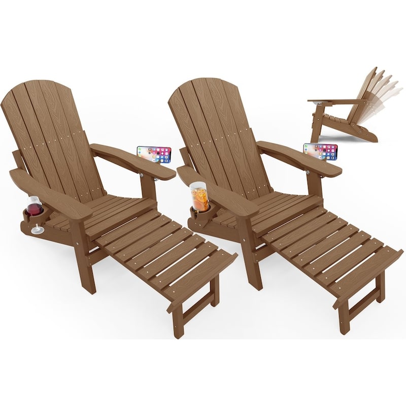 WINSOON Set of 2 HIPS Folding Adirondack Chair with Adjustable Backrest and Retractable Ottoman - Teak