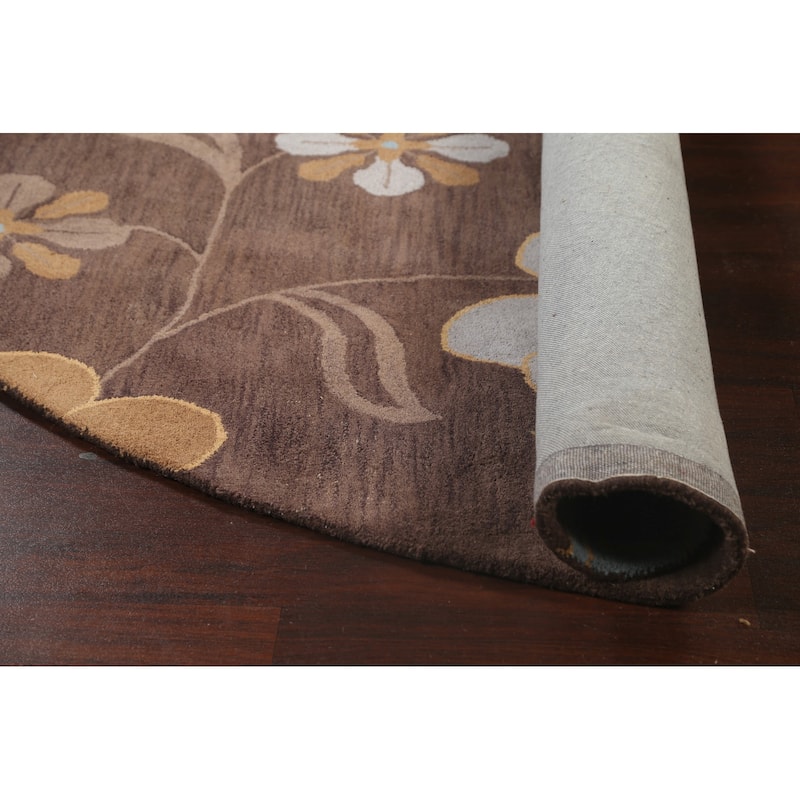 Brown Contemporary Floral Oriental Area Rug Hand-tufted Wool Carpet - 10'0" x 10'0" Round