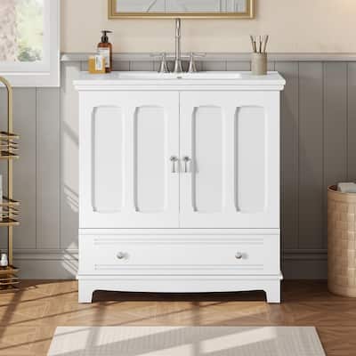 30" Bathroom Vanity with Ceramic Sink, Adjustable Shelf, Drawer with Divider