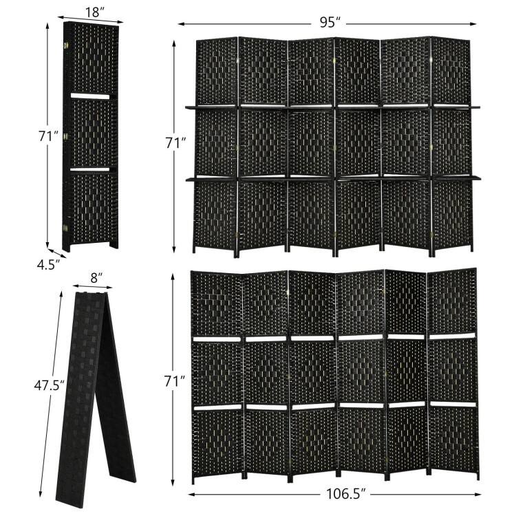 6 Panel Folding Weave Fiber Multipurpose Room Divider with 2 Display Shelves - 95" x 71" (L x H)