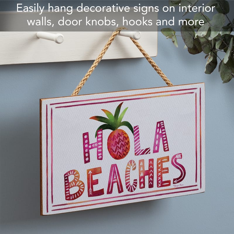 Hola Beaches Hanging Wood Sign 9.5" x 5.75" Made in the USA