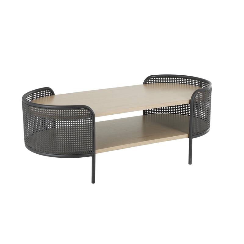 Wooden Oval Two-Toned Coffee Table with Mesh Side Panels and Brown Wood Tabletop - Light Brown - Roche River Decor